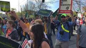 Protesters rally as part of the National Day of Action for Higher Wages on Capitol Hill, Seattle, on April 15, 2015.