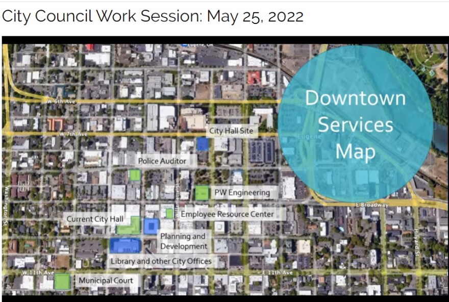 At the Eugene City Council work session Wednesday, 5/25, City Manager Sarah Madery showed a slide of what spaces the city owns and leases in downtown Eugene.