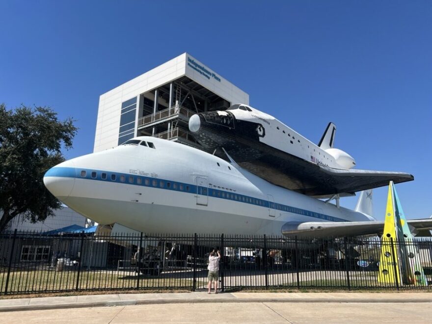 One of the Boeing 747s, built to transport space shuttles, on display at the Space Center Houston on Oct. 15, 2025.