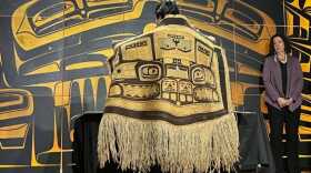 Sainteen Anna Brown Ehlers wears a 150-year-old Chilkat robe that was recently returned to Southeast Alaska on March 1, 2024.