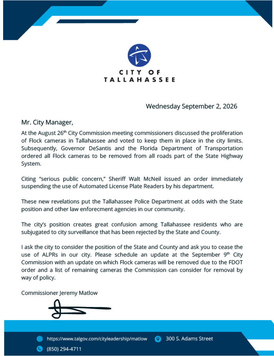 The memo Tallahassee City Commissioner Jeremy Matlow shared with city staff and other local officials.