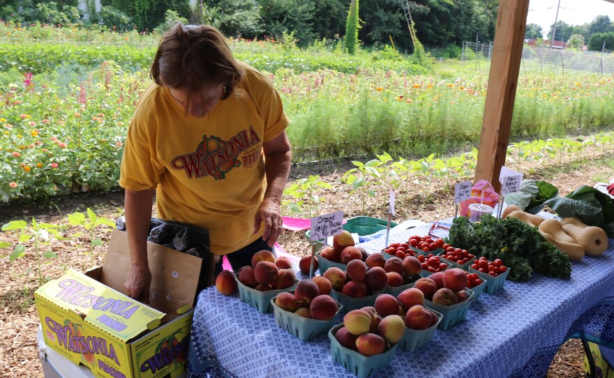 Cathy Watson arranges her booth at the City Roots Farmers Market.