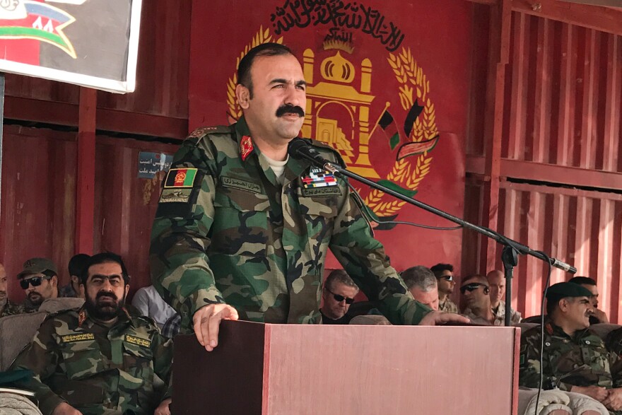 Afghan Major General Wali Mohammad Ahmadzai addresses new recruits of the Afghan 215th Corps at Camp Shorabak in Helmand Province. The American military has placed faith in General Ahmadzai's ability to lead the fight against the Taliban in southern Afghanistan.