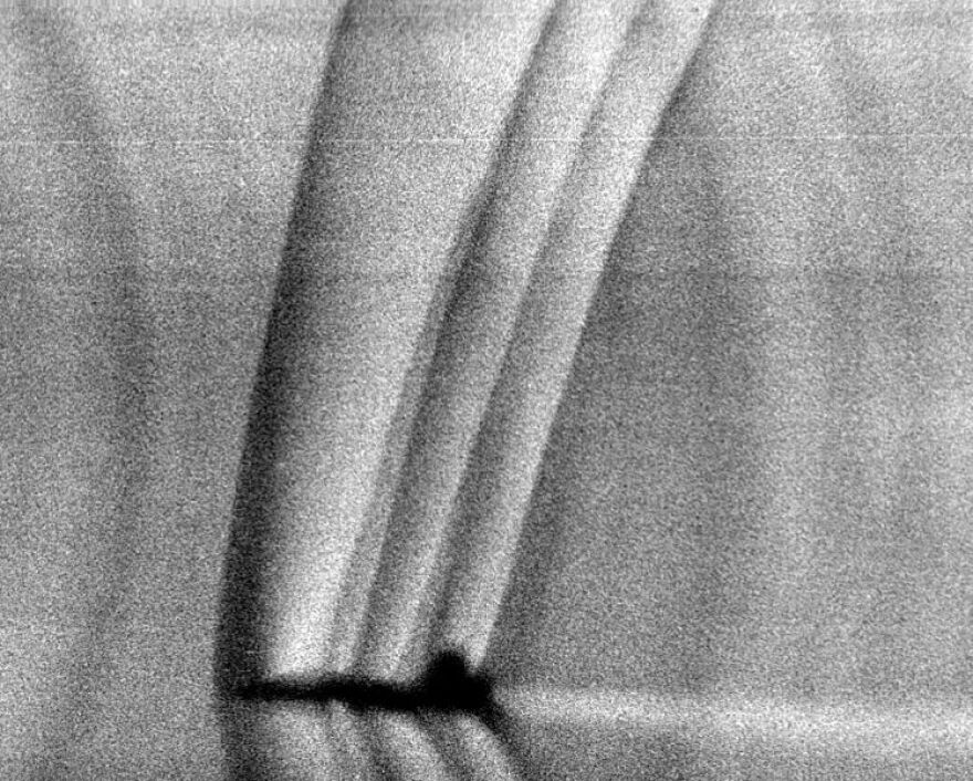 A picture that shows the shock waves around a T-38 Talon aircraft on December 13, 1993.