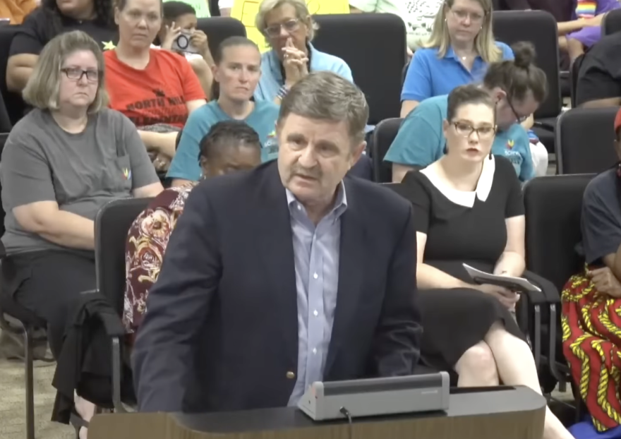 Mike Klinetobe, a Republican candidate running for a District 2 seat on the Winston-Salem/Forsyth County Board of Education, spoke at a school board meeting back in May.