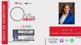 The image features a photo of this episode’s guest Chanel Hargrave-Murray, Supervisor of Community Connections for the Peoria Park District. The image has the quote “JUBILEE DAY CELEBRATIONS”, with a graphic of the Juneteenth celebration taking place June 19, 2026 on the Peoria Riverfront. As always, the graphic artwork also features an icon of the podcast’s sponsor PNC Bank as well as various podcast platforms where the Out and About podcast can be heard. 