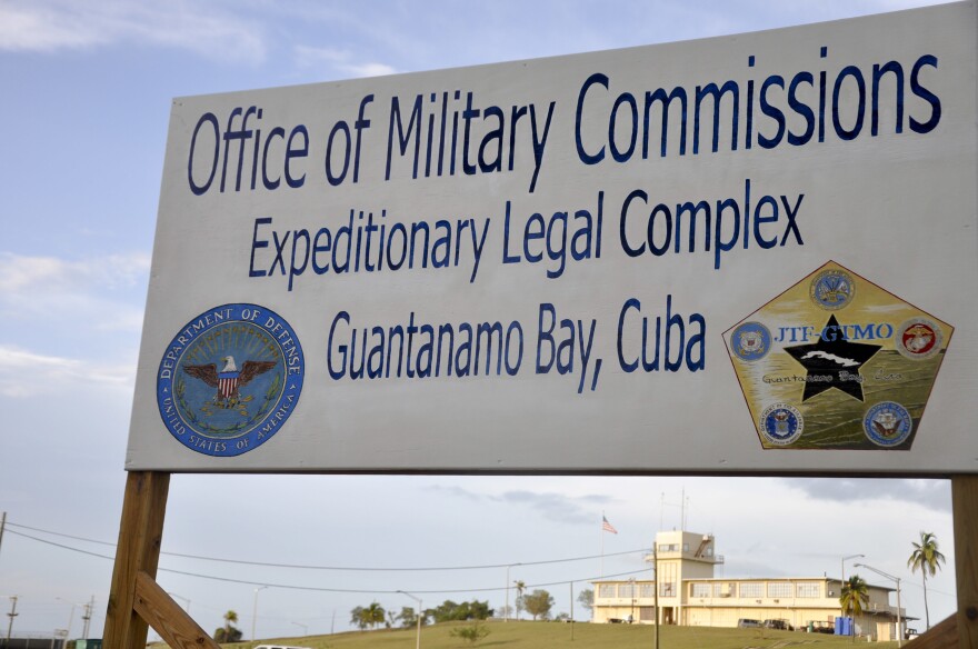 A sign is posted in front of the war crimes court at the U.S. naval base at Guantánamo Bay, Cuba, on Oct. 14, 2012.