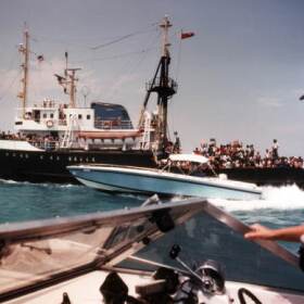 Florida Marine Patrol officer monitoring the Mariel Boatlift of 1980 in Key West, Florida