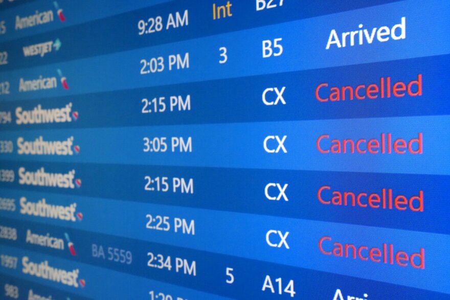 The list of Southwest Airlines flights cancelled grows at Phoenix Sky Harbor International Airport in Phoenix, Thursday, Dec. 29, 2022. (AP Photo/Ross D. Franklin)