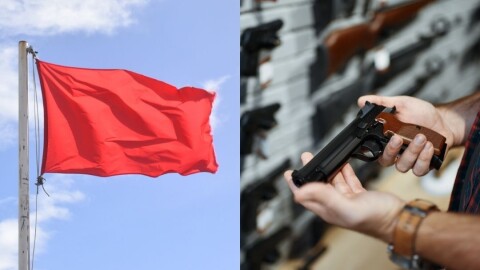 Red flag on flagpole against sky; hands holding gun in a gun shop