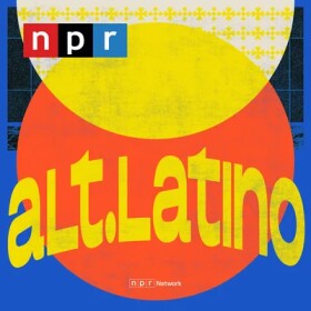 Alt.latino podcast thumbnail with bright blue, orange and yellow circles.