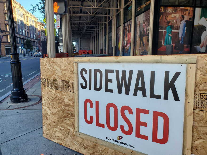 The sidewalk on the corner of the MGM Springfield property on Main and State streets remains closed.
