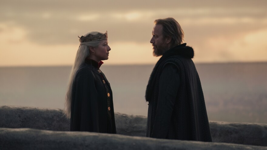 Rhaenyra (Emma D'Arcy) confronts Otto (Rhys Ifans) on the cover of a sympathy card.