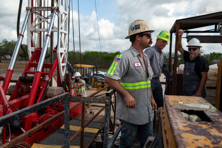 A drilling crew with Weisinger Inc. at Corpus Christi’s eastern well field on March 31.