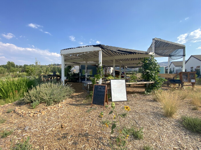 This is a wide-angle image of an urban fruit and vegetable farm. 