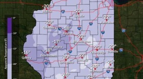 A map showing wind chills as low as 22 below zero in Bloomington