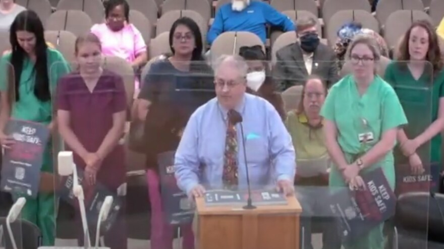 Dr. John Vanchiere, Pediatric Infectious Disease Specialist was joined by LSU-Health Shreveport medical students and nurses at the Shreveport city council meeting to speak about gun violence.