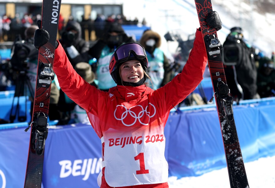 Eileen Gu of Team China reacts after winning the gold medal during the Women's freestyle freeski halfpipe final of the Beijing 2022 Winter Olympics.