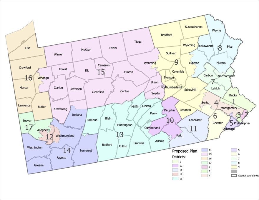 Shown is a new map of congressional districts provided by the Supreme Court Of Pennsylvania on Wednesday, Feb. 23, 2022. Pennsylvania's highest court is breaking a partisan deadlock over a new map of congressional districts by selecting boundaries that broadly adhere to the current outlines of the state's districts.