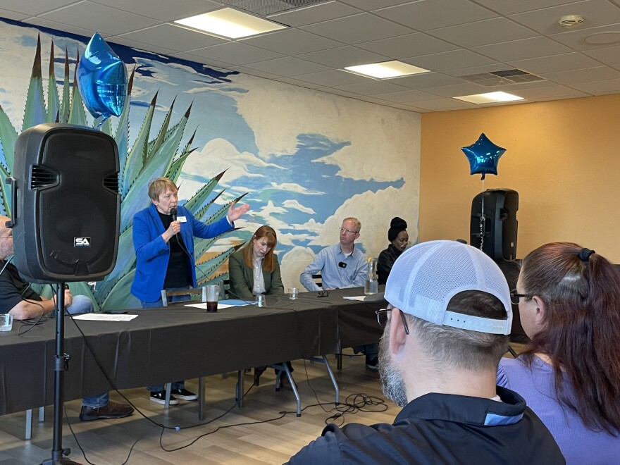 Woman stands, holding microphone, talking to audience