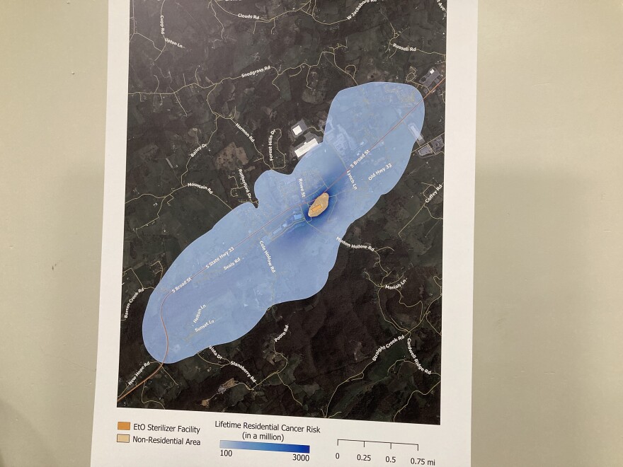 An EPA map showing the risk zone around DeRoyal's plant