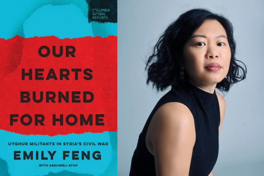 The cover of "Our Hearts Burned for Home" and author Emily Feng. (Courtesy of Columbia Global Reports and An Rong Xu)