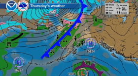 A graphic from the National Weather Service shows a wind storm moving across Northwest Alaska. (National Weather Service)