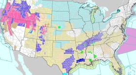 Weather map from the National Weather Service showing winter storm warnings in pink on Friday.