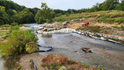 Sandbags have been placed and once submerged, will direct the flow of the Roanoke River to create ideal conditions for kayaking, tubing, and other recreation activities.