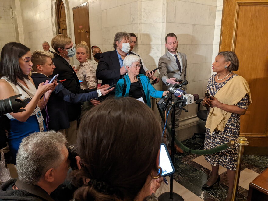 New York State Senate Leader Andrea Stewart-Cousins speaks with the press in Albany Thursday, March 31, 2022