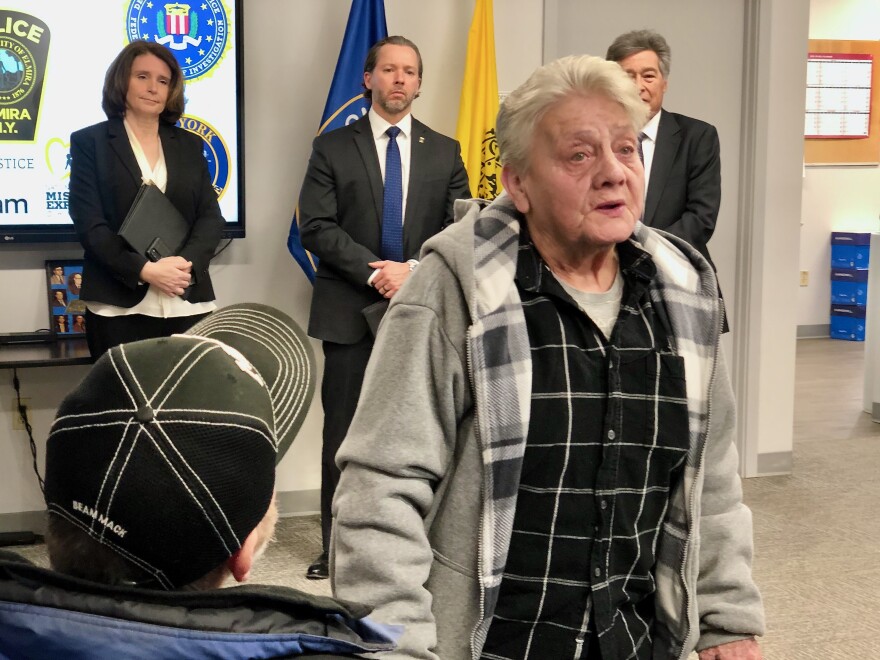 Linda Galpin, the older sister of Mary Theresa Simpson who was killed in 1964, addresses a packed room after the alleged lone suspect in Simpson's murder is revealed for the first time publicly.