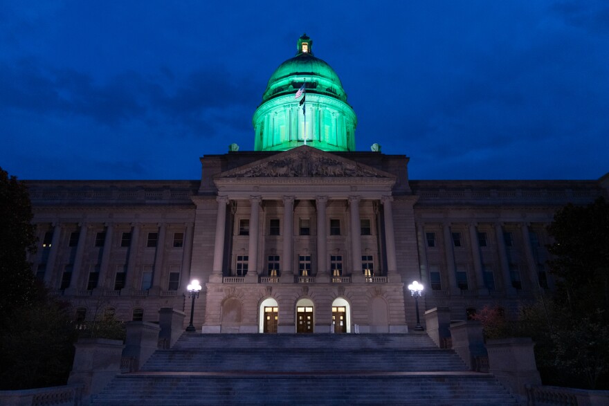 The Kentucky State Capitol on 4/9/20, lit up green in memory of those who died from COVID-19.