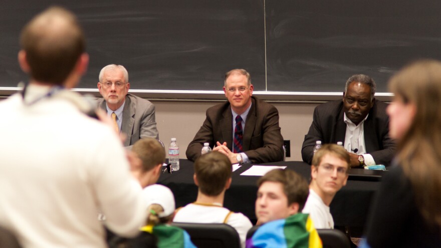 Vanderbilt administrators and faculty field questions at a January 2012 town hall meeting on the school's controversial "all comers" rule. Many campus religious groups say aspects of the policy are discriminatory.