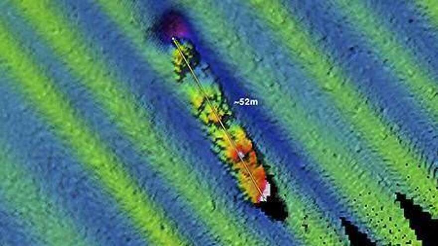 A NOAA/Fugro multibeam sonar survey image of the wreckage helped locate the Conestoga.