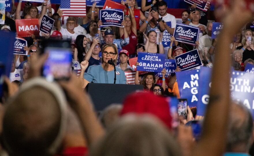 U.S. Sen. Darline Graham speaks at a rally attended by President Donald Trump on Friday, Aug. 21, 2026, in Myrtle Beach, S.C. Graham is running for a full term for her late brother Lindsey Graham's Senate seat. She faces Congressman Ralph Norman in the Aug. 25 runoff.