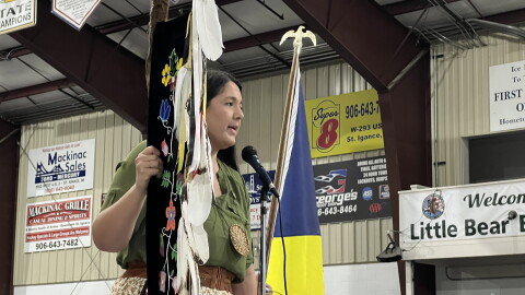 Whitney Gravelle, president of Bay Mills Indian Community executive council, speaks out against the proposed tunnel project at a public comment meeting held by the Army Corps of Engineers Sept. 9.