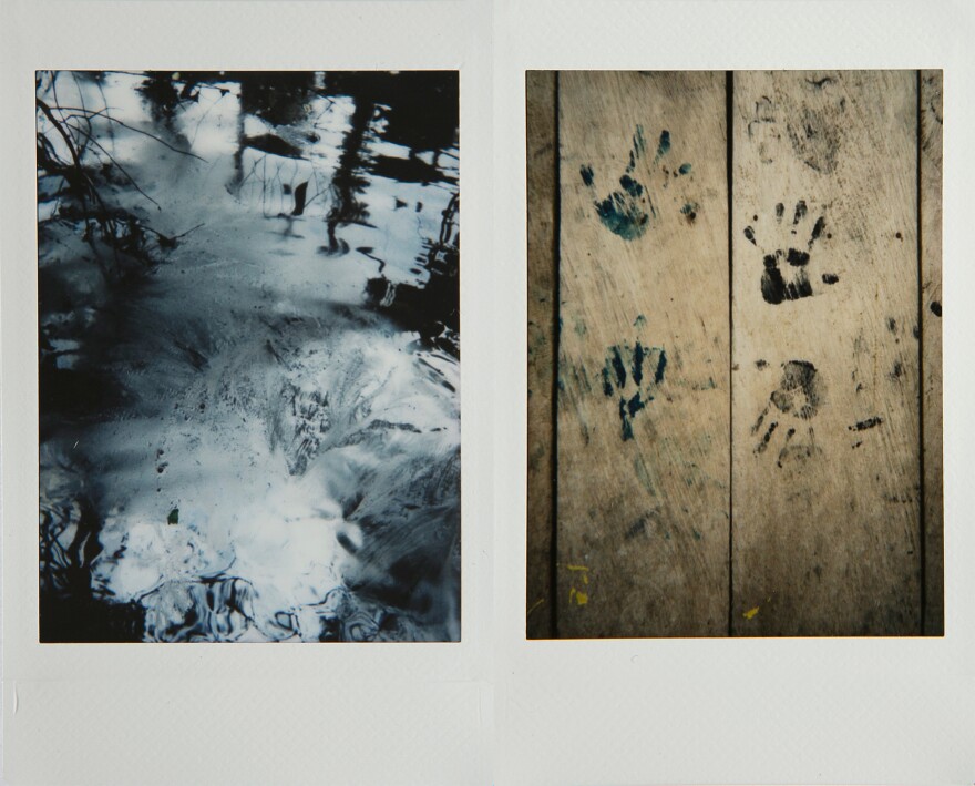 Left: Oil pollution in the rivers and lagoons of the Nariño region. The indigenous group Awá says people have been smuggling oil out of the area. Right: Children's painted hand prints on an indigenous house in Nariño.