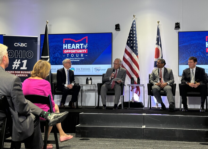 Gov. Mike DeWine (left), Lt. Gov. Jim Tressel (center-left), Ohio State University President Ravi Bellamkonda (center-right) and Columbus State Community College President David Harrison (right) in August 2026.