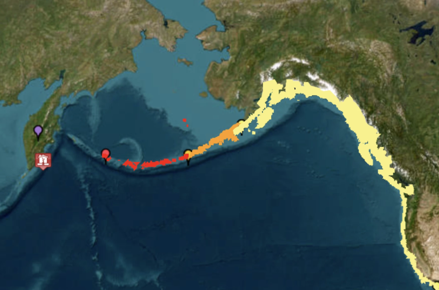 A map of Alaska with coastal areas highlighted for tsunami warning.