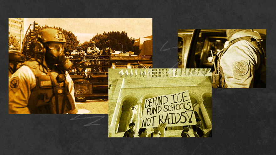 ICE agents and protestors at odds in Los Angeles. 