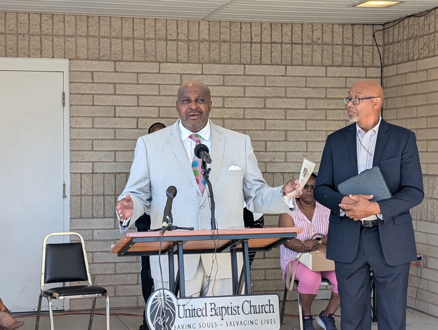 Macedonia Baptist Church Pastor Lorenzo Glenn speaks about the police killing of Jazmir Tucker with Dominion Family Church Senior Pastor Marc Neal on Oct. 6, 2025. 