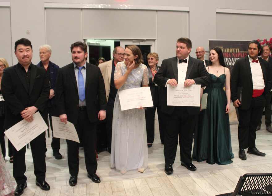 Pictured from left are Pavarotti Voice Competition winners baritone Byung Jun Ko, tenor Luke Norvell, mezzo-soprano Kara Morgan and tenor Victor Cardamone with finalists Sofia Scattarreggia and Alex Adkins.