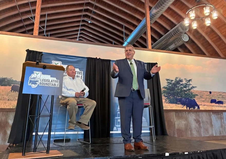 Republican Darren Bailey speaks at a candidate forum on agriculture issues at a farm near Bloomington on Monday, Aug. 10, 2026.