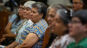 Socorro residents listen to Lower Valley Water District employees during a meeting at San Felipe de Jesús Catholic Church, July 29, 2026. As often happens in community meetings, most of the 50 people in the audience were senior citizens