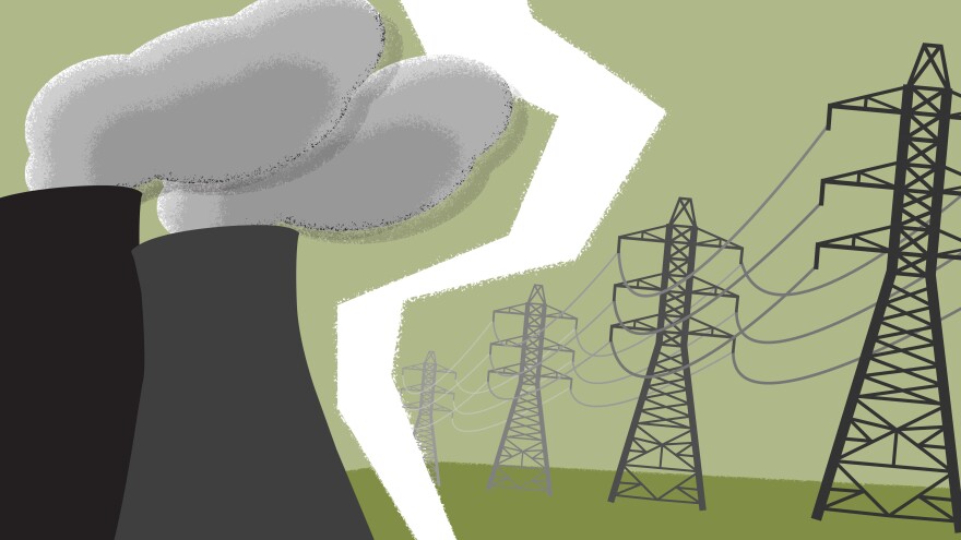 An illustration shows two black and gray smoke stacks of a power plant on the left side of the image and transmission lines and power poles on the right side. The back ground is light green. There is a jagged white line running down the middle of the image as if its being torn apart.