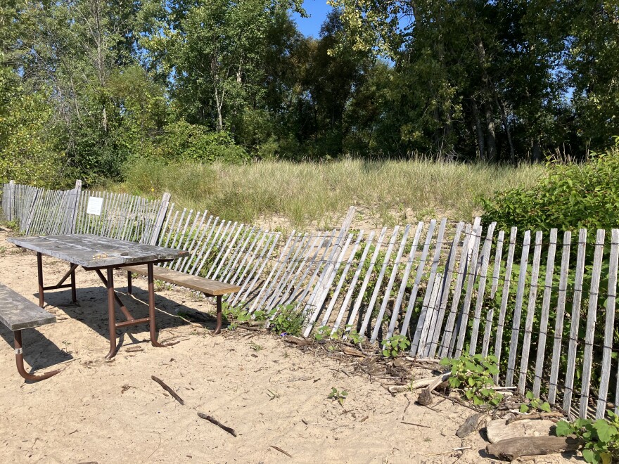 A snow fence consisting of grey wooden pickets tied together with wire blocks the Alburgh Sand Dune site