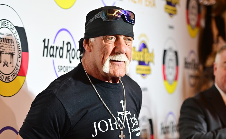 Hulk Hogan will speak in the runup to former President Donald Trump’s address Thursday night. He's seen here last December, at an event at a Florida casino.