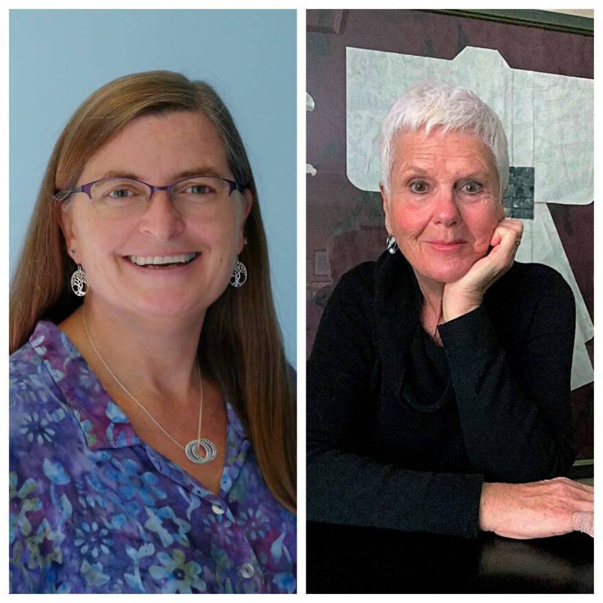 Photographs of two women: one on the left of the frame smiles while looking at the camera wearing a blue-purple blouse and silver jewelry; in the right of the frame another woman white hair and dressed in black smiles at the camera with one hand under her chin and the other crossed on her table.