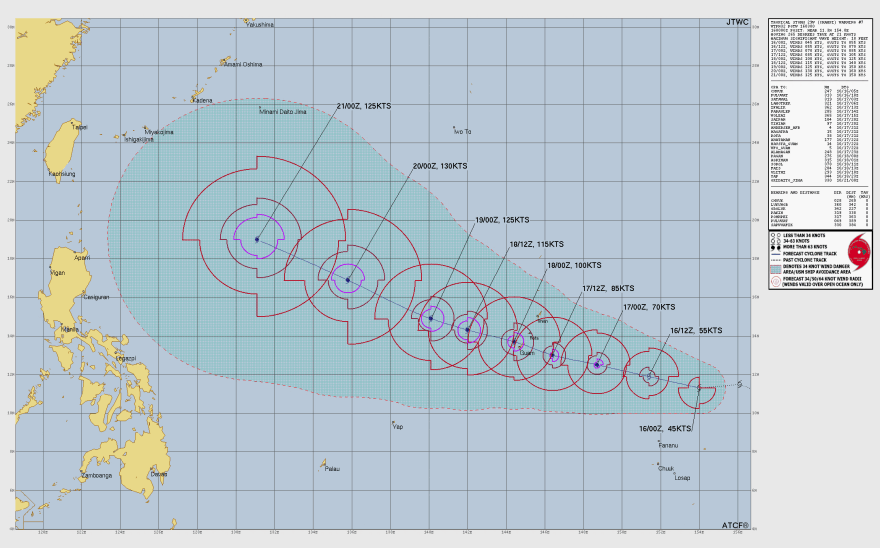 Forecast track of Tropical Storm Champi as of 1 p.m. Friday, Oct. 16, 2026. The storm is forecast to pass over or near Guam as a Category 2 or 3 typhoon.