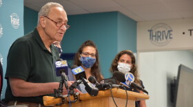 Senate Majority Leader Chuck Schumer of New York joined addiction survivors at THRIVE Recovery Community and Outreach Center in Westbury on August 19, 2021 to announce a push for more federal funds to combat drug addiction on Long Island.
